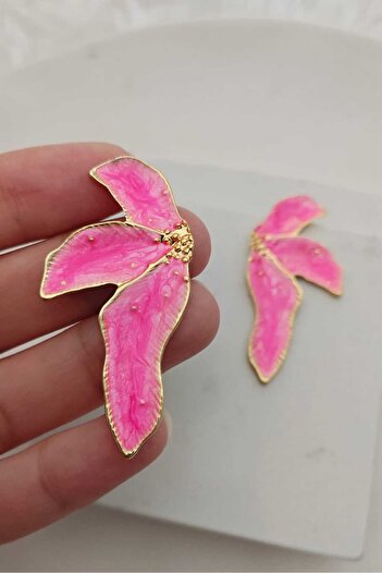 KYOLA DESİGN Pink Mother of Pearl Palm Gold Women's Earrings (5.2 cm)