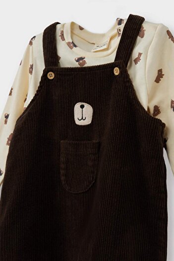 DeFacto Baby Boy 2-Piece Set Bear Print Long Sleeve T-Shirt Velvet Salopet Jumpsuit F5727A525Wn