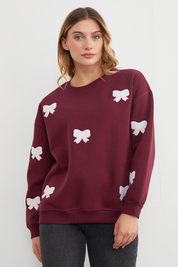 Fulla Moda 3 Thread Bow Embroidered Oversize Sweatshirt
