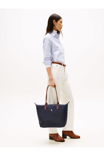 Tommy Hilfiger Women's Zippered Inner Pocket Metallic Th Logo Short Strap Navy Blue Shoulder Bag Aw0Aw17711-Dw6