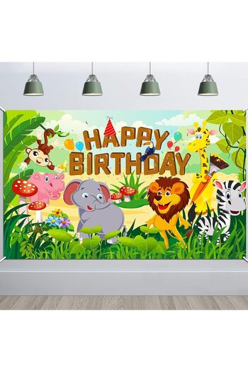 Al Raied Fabric Happy Birthday Banner for Jungle Animal Theme Birthday Party Decorations, Kids Boys For