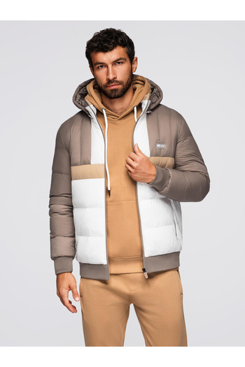 OMBRE Colorful retro men's sports jacket - beige and white V2 OM-JALP-0296