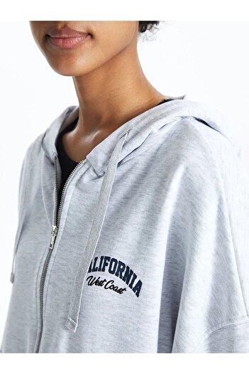 LC Waikiki Xside Gray Hooded Printed Long Sleeve Oversize Women's Zippered Sweatshirt