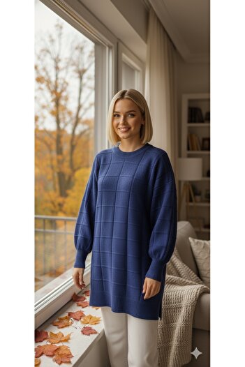 FERHEL Women's Square Patterned Slit Soft Knit Tunic - Indigo