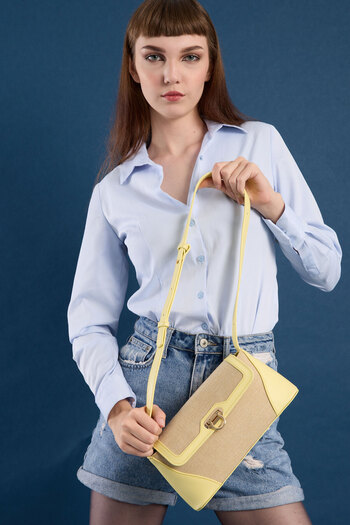Garbalia Ottava Wicker Pattern Women's Yellow Shoulder Bag with Internal Zipper Compartment and Special Buckle Lock