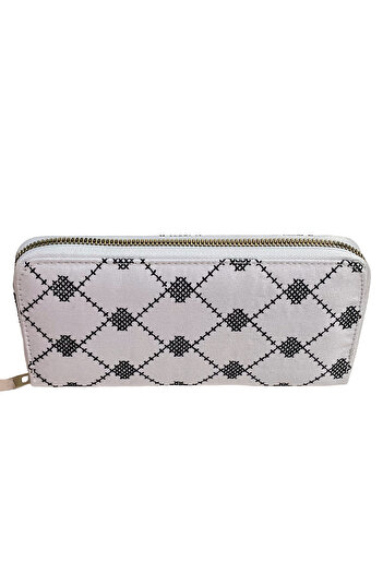 Zaytoon Palestinian Traditional White Keffiyeh Embroidered Single Zipper Women's Large Wallet 20*10 cm A100019