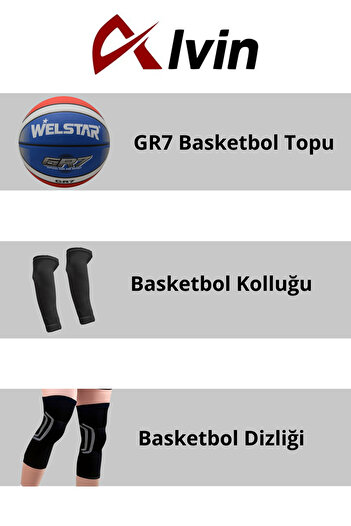 Alvin Spor Basketball Sports Set - Full Set with Basketball, Knee Pads, Arm Sleeves Size L