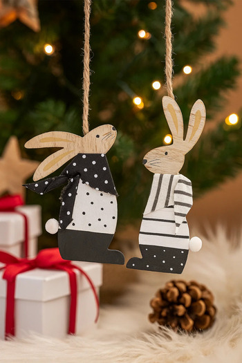 OEM Set of 2 ornamental bunnies, wood, black and white, 7x11cm