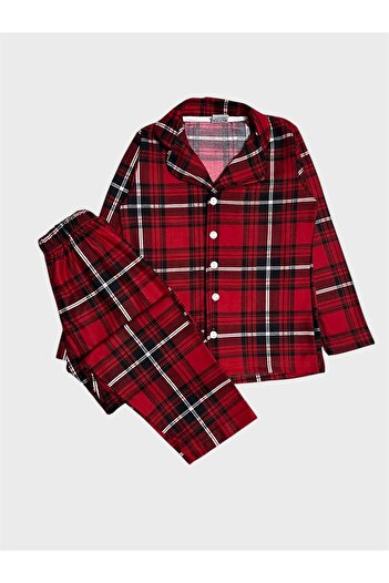 ALİŞ KİDS Boys' Cotton Suede Fabric Red Plaid Patterned Shirt Collar Buttoned Pajama Set