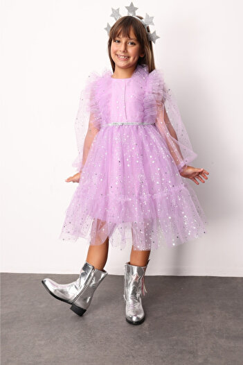 Le Mabelle Lila Omzu Starry Girl's Dress with Ruffle Detail - Stella