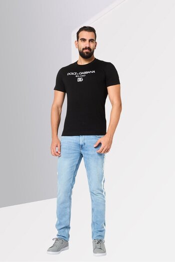 Dolce&Gabbana Men Crew Neck Short Sleeve Embroidered Logo T-Shirt, Black