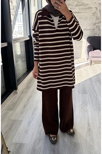 MODA Thin Striped Hijab Knitwear Two-Piece Set - Brown