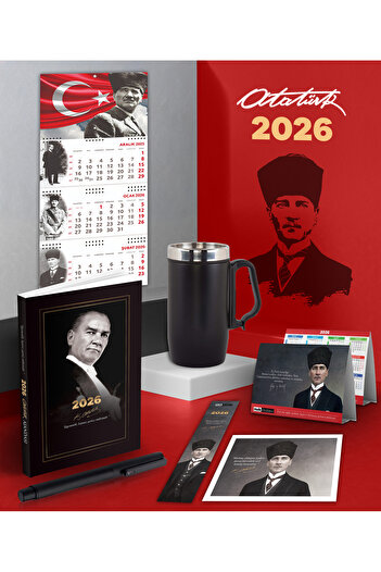 Halk Kitabevi 2026 Ататюрк Гази Паша Дневник - Календар за стена с полумесец и звезда - Метална ролкова химикалка и термос чаша с дръжка