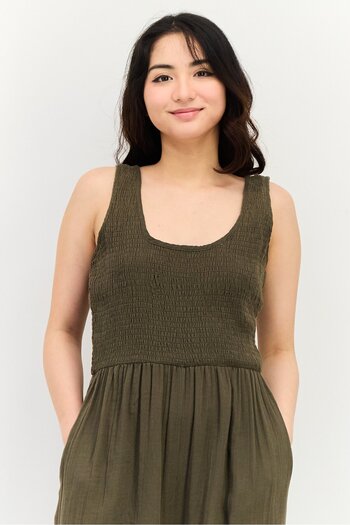 Brave Soul Women Shirred Sleeveless Jumpsuit, Dark Olive