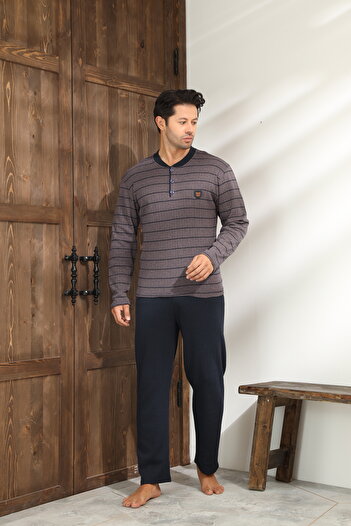 CALİA Winter Men's Interlock Collar Buttoned Long Sleeve Pajama Set