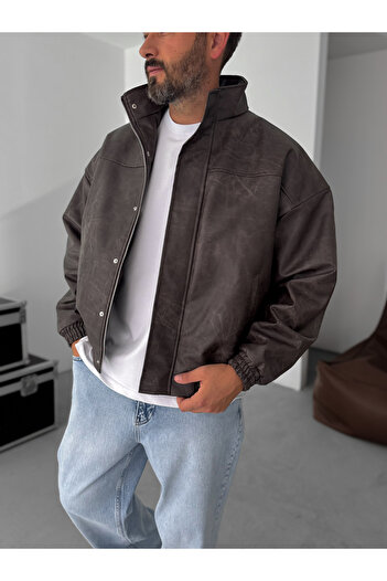 BYBASICMAN Koyu Kahve Efektli Bomber Deri Mont EP-7321