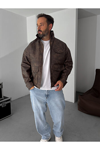 BYBASICMAN Dark Brown Double Pocket Effect Bomber Leather Jacket Ep-7301