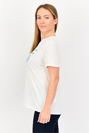 Forever 21 Women Crew Neck Short Sleeves Graphic Print T-Shirt, White