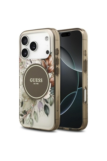 Guess Case for iPhone 17 Pro, IML Flowers with Pearl Strap MagSafe, - Brown
