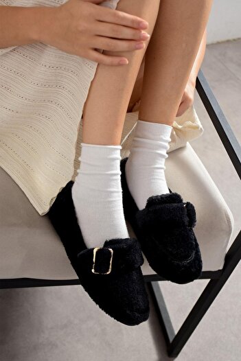 FUGA MODA Alexis Black Buckle Detailed Strap Plush Home Slippers