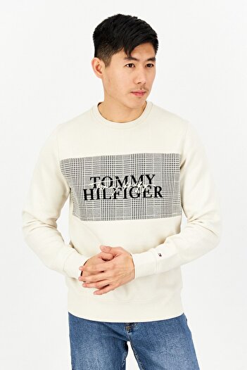 Tommy Hilfiger Men Crew Neck Long Sleeve Embroidered Logo Sweatshirt, Beige Combo