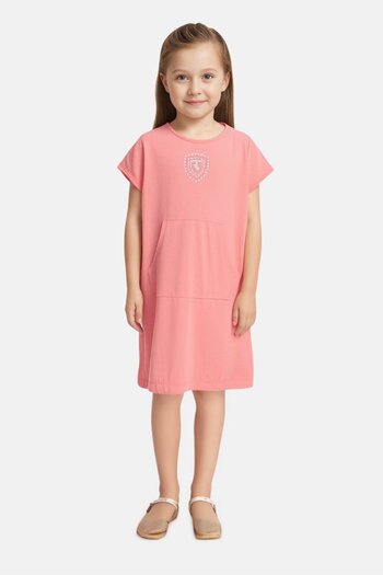 Ferrari Kids Girls Round Neck Short Sleeves Brand Logo Dress, Dark Peach