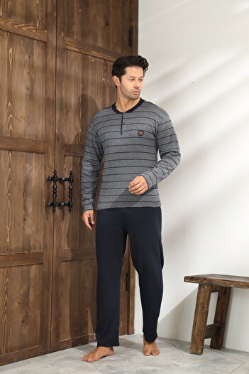 CALİA Winter Men's Interlock Collar Buttoned Long Sleeve Pajama Set