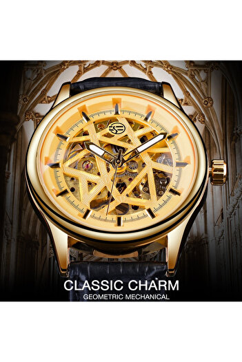 Forsining Men's Watch Mechanical Automatic Gold Skeleton Leather Business Elegant