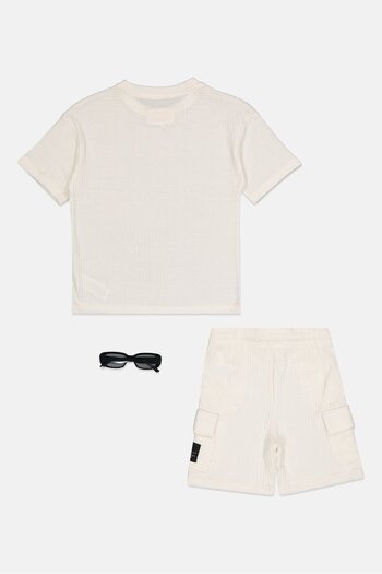 Fudo Kids Boy 3Pcs Textured T-Shirt And Shorts With Sunglasses, White