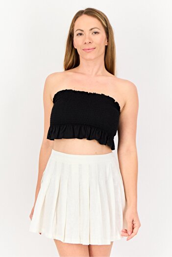 Forever 21 Women Straight Across Neck Strapless Ruched Top, Black