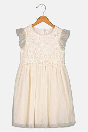 Hamleys Kids Girl Ruffle Sleeve Textured Dress, Cream