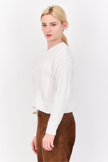 PİNK ROSE Women Crew Neck Textured Sweater, White