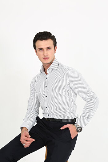 Hazhers Classic Men's Slim Fit Shirt Collar Striped Shirt