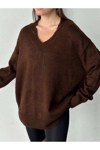 MODAMERSİ Women's Brown V-Neck Oversize Knitwear Sweater