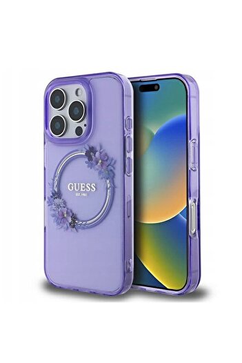Guess Case for iPhone 16 Pro, IML Flowers Wreath MagSafe, - Purple