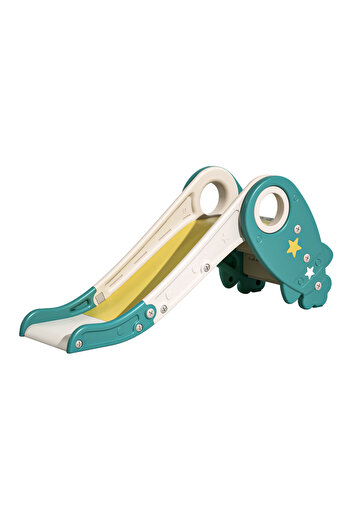 Moni Rocket Green children's slide with foldable design, support handles, rounded edges, long