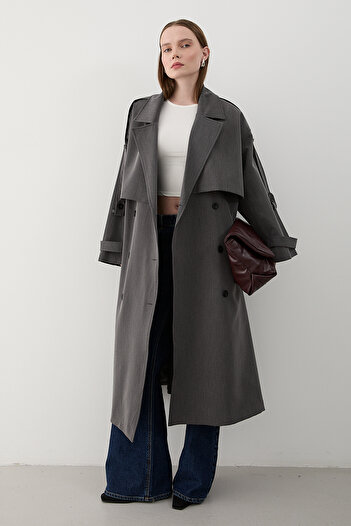 Laluvia Anthracite Lucky Oversize Trench Coat with Button Detail