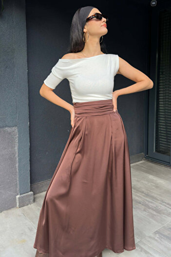 FABB Brown Satin Waist-Tied Midi Skirt