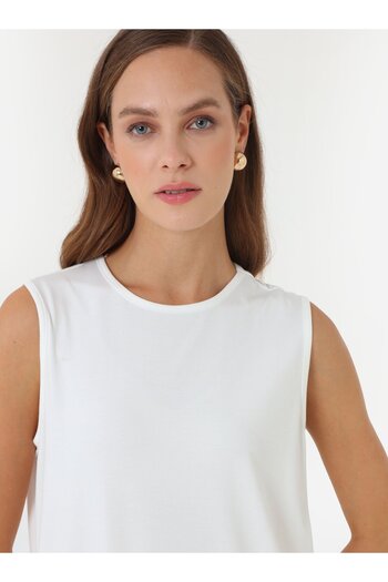 Benin Comfortable Fit Crew Neck Sleeveless Long Tunic - Cream -