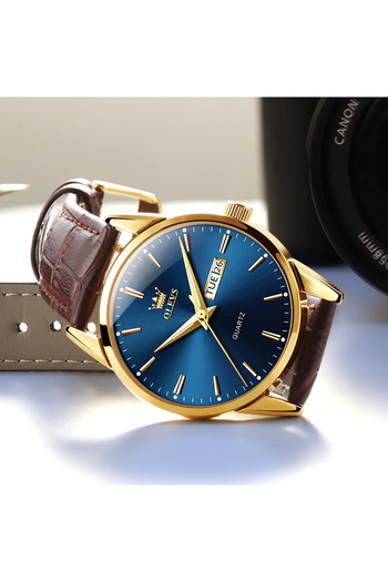 OLEVS Men's Watch Leather Quartz Analog Classic Casual Date