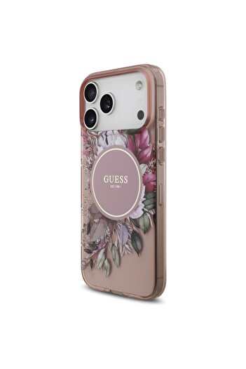 Guess Case for iPhone 17 Pro Max, IML Flowers with Pearl Strap MagSafe, - Pink