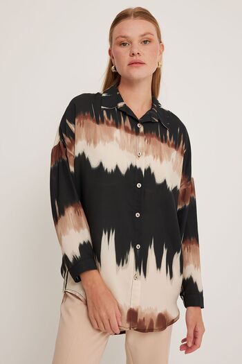 Hiccup Bdart Plus Size Abstract Woven Long Sleeve Shirt with Buttons