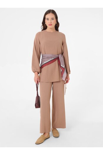 Refka Balloon Sleeve Belt Detailed Basic Tunic & Pants Two-Piece Set - Mink -