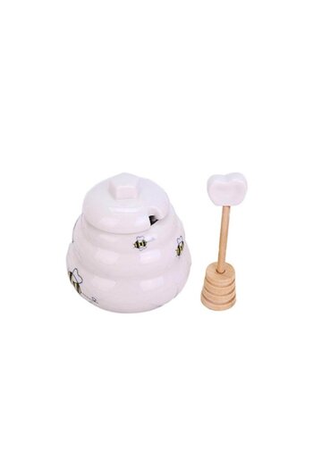 Doty Miniature Ceramic Honey Jar Sweet Honey with Wooden Spoon, 150 g, Beehive Shape, White,