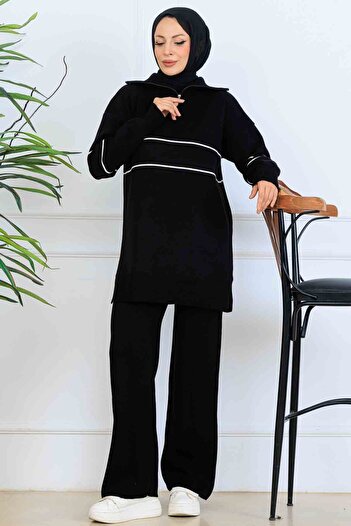 benguen Striped Knitwear Set with Zipper Collar S1050 Black