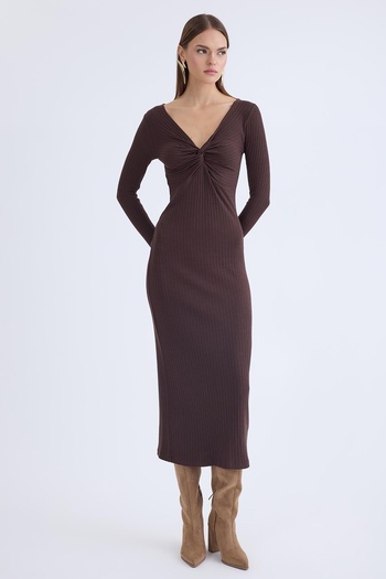 Vitrin V-Neck Front Knot Detailed Long Dress