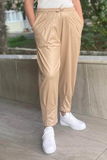 Mia Butik Plus Size Beige Leather Look Balloon Pants