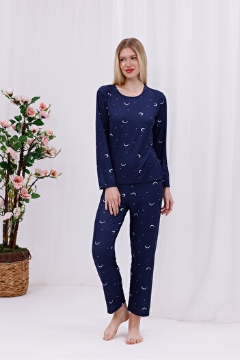 Arvin Pijama Women's Navy Blue Moon and Star Printed Soft Textured Long Sleeve Knitted Pajama Set