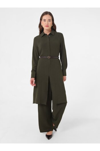Refka Tunic Trousers with Slit Front and Half Placket Double Set - Dark Khaki -