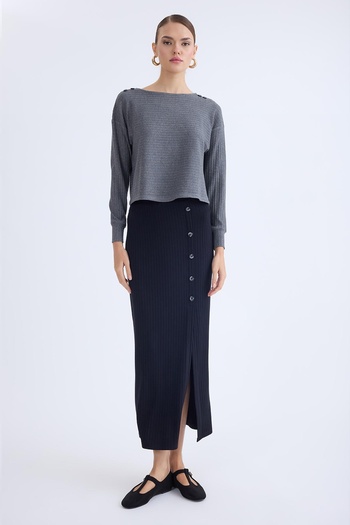 Vitrin Buttoned Front Midi Length Corduroy Skirt
